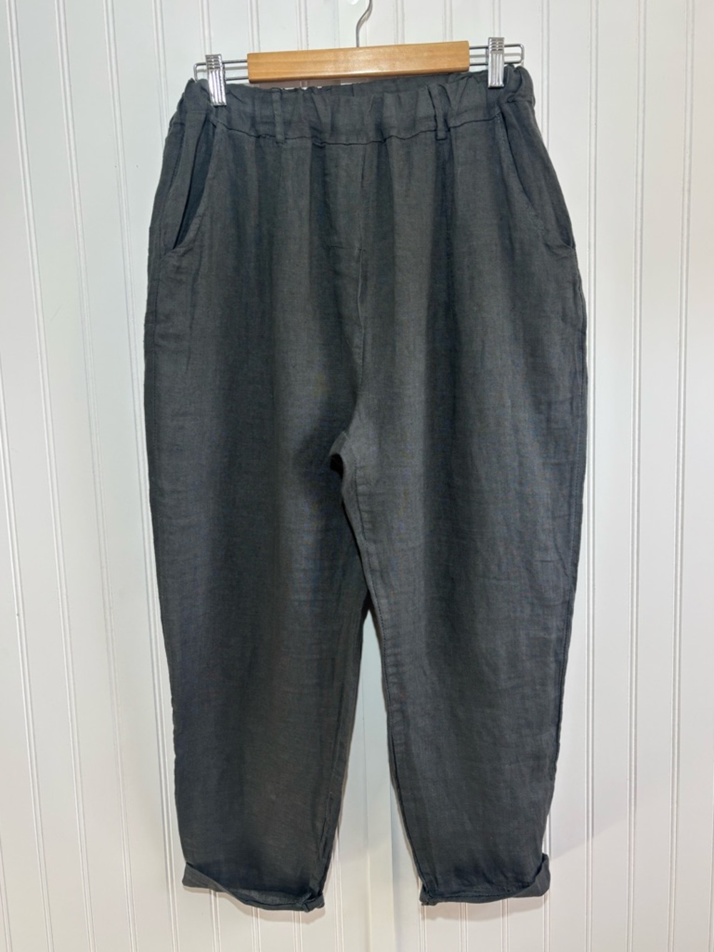 M Made in Italy Linen Pull-On Pants Dark Gray Elastic Waist Cropped Relaxed M